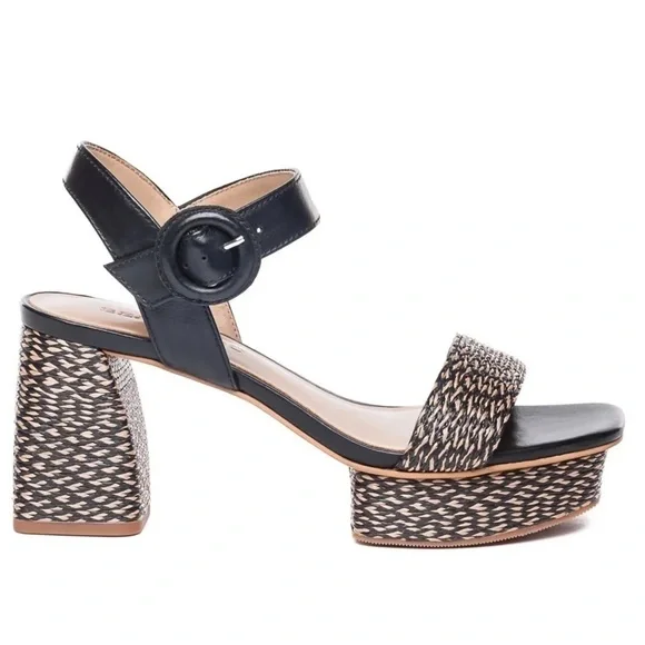 Bernardo Raffia Adjustable Platform Sandals Reagan Raffia black tan strapy heels - Picture 2 of 13
